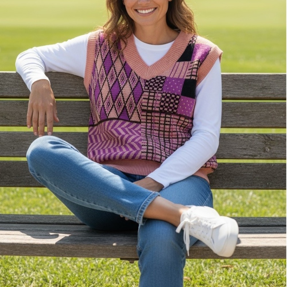 Kate Kasin Patchwork Argyle Knit Sweater Vest Pink‎ Purple Black Size Lg Preppy